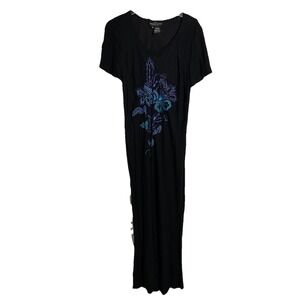 Carole Little Maxi Dress Size 16 Embroidered Floral Black Vacation Beach Lightwt